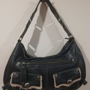 Via Spiga Black Hobo Purse with White Fur Trim